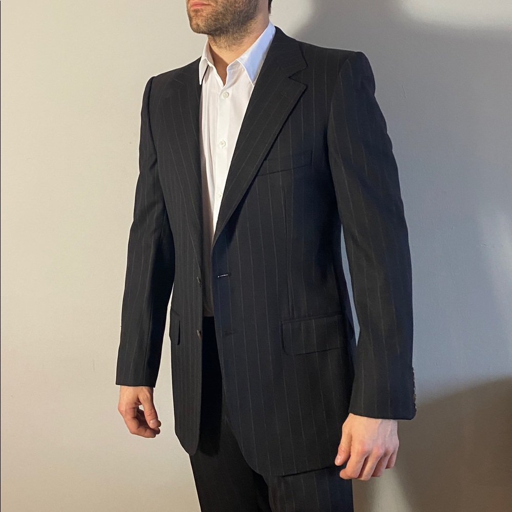 Gucci vintage chocolate brown pin striped suit.